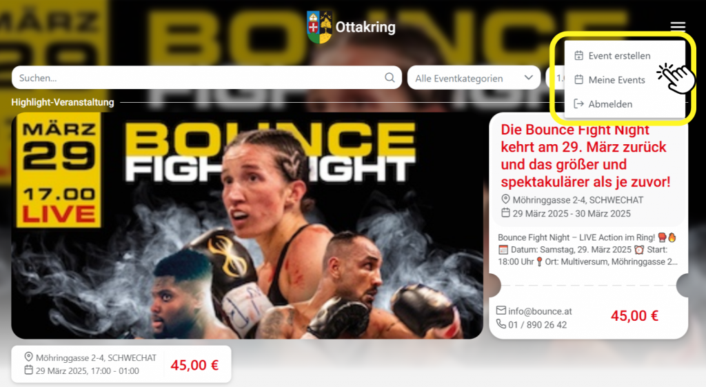 Events Ottakring. Beispiel. Event erstellen. Event verwalten.