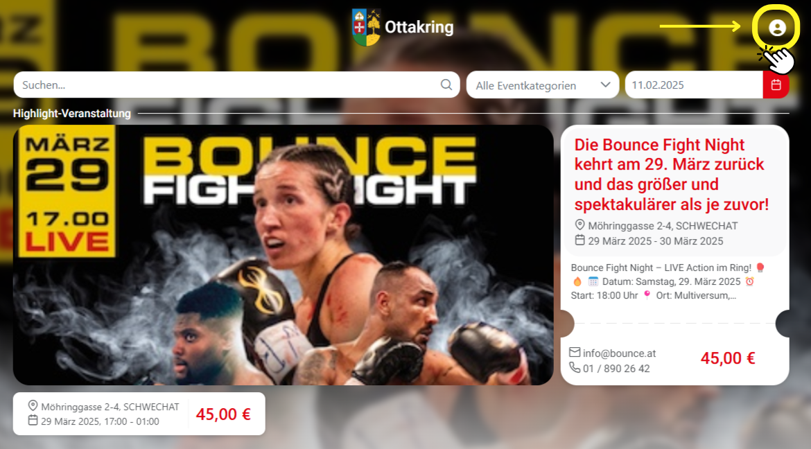 Events Ottakring. Beispiel. Konto anlegen. Login.